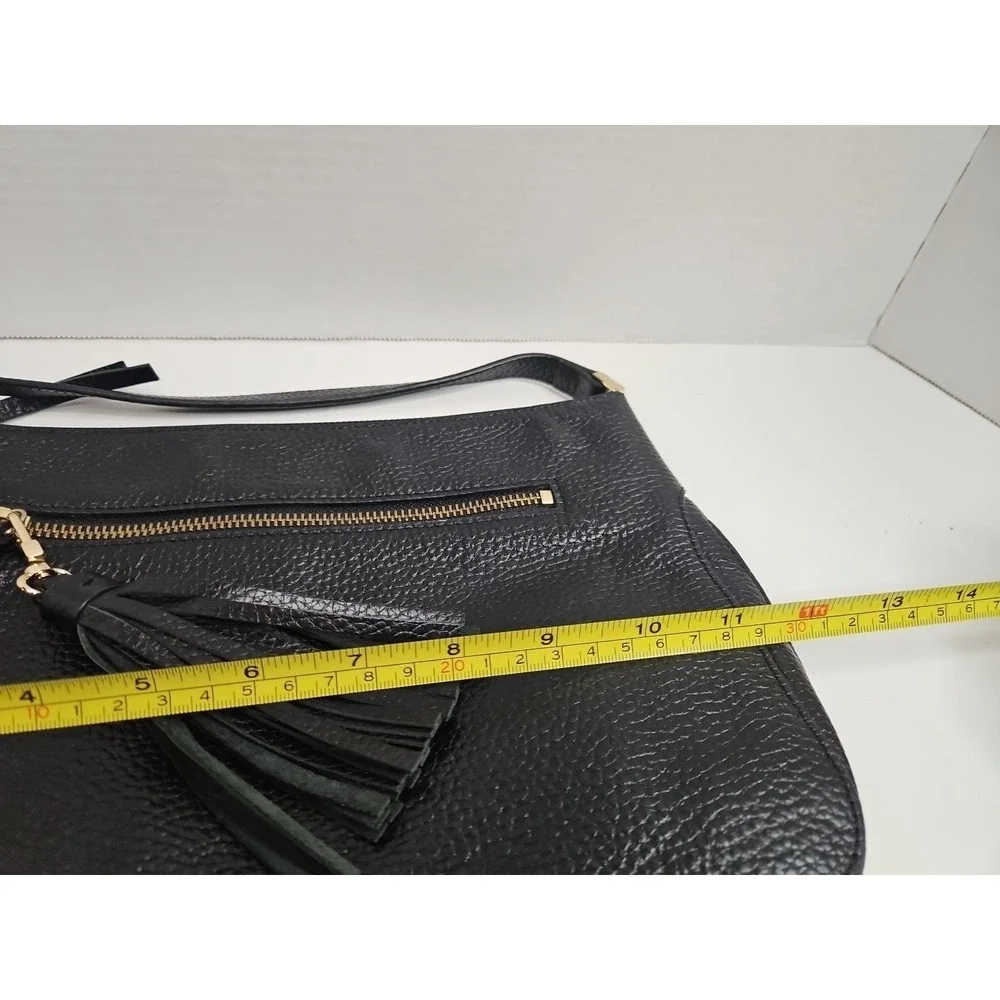 Halogen Black Pebbled Thick Leather Adjustable Crossbody Shoulder Bag Tassel (F)